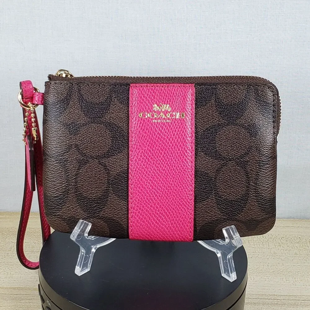 COACH Corner Zip Wristlet In Dark Brown Signature Leather w/ Hot Pink Stripe